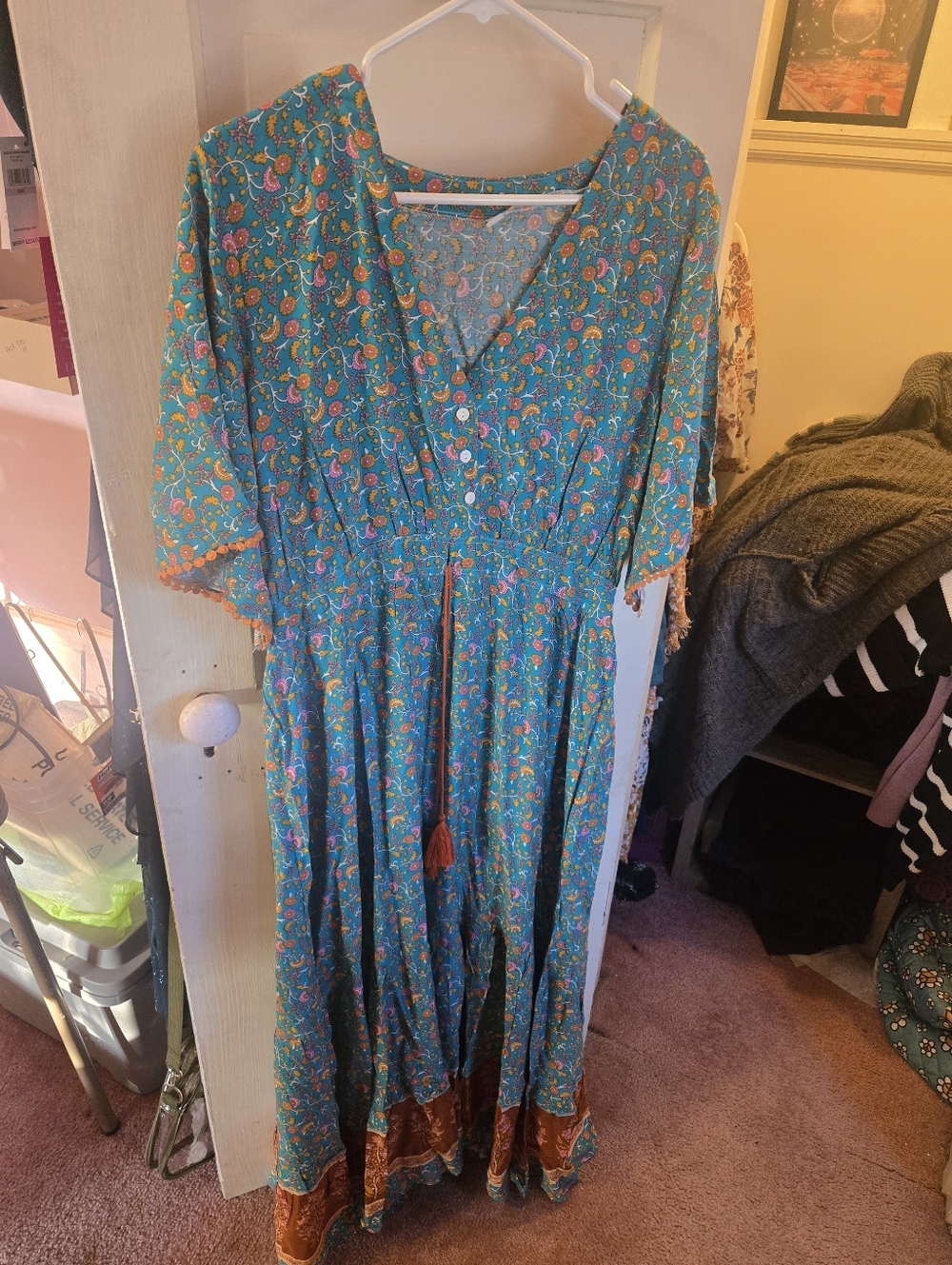 Boho Floral V-Neck Maxi Dress in Teal with Tassel Waist